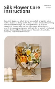 Detailed close-up of mini artificial silk rose bouquet in PVC gift box with brown paper base