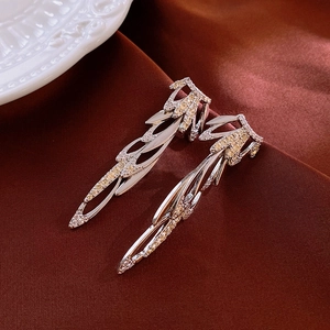 Elegant Leaf Wing Long Drop Earrings Copper With Zircon And Silver Earring Post For Women Vintage Temperament Jewelry