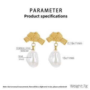 Detail of stainless steel bow stud earrings with freshwater shell pearls and 7g weight