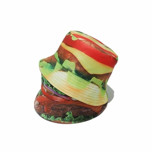 Detail of double-sided burger pattern bucket hat with realistic 3D digital print textures