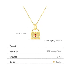 Collier en argent S925 doré avec pendentif sac à main, pierre rouge et cristaux brillants