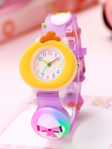 Detail of purple silicone strap and yellow chick case design on luminous kids watch
