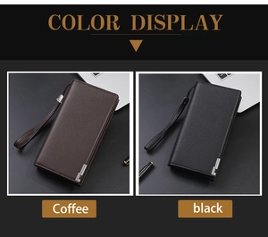 Detailed color display of long leather wallets in coffee and black with wrist straps