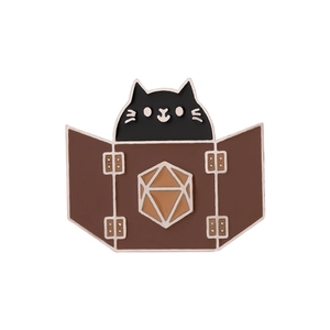Cute black cat enamel pin with a brown Dungeon Master screen and d20 dice pattern