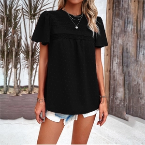 Women Blouse Top Swiss Dot Fabric Lace Patchwork Short Sleeve Round Neck Casual Summer Vacation Ruffle Sleeve Back Tie