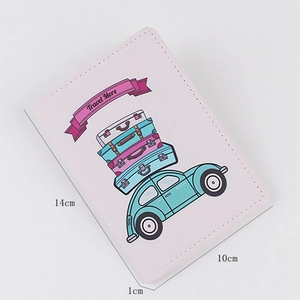 Pink PU leather passport holder with cartoon car print and 14cm x 10cm x 1cm size markers