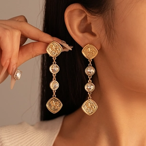 Vintage French Style Lion Head Embossed Long Drop Earrings With Rhinestones And Silver Earring Post For Women