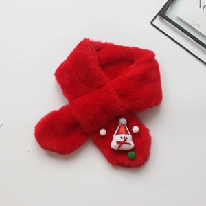 Detailed view of red plush Christmas scarf with cute snowman doll accessory for kids