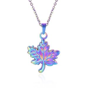 Detailed macro shot of a rainbow maple leaf pendant on a stainless steel chain necklace
