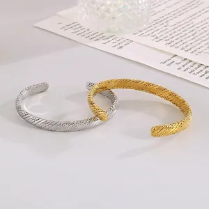 Cuff Bracelet Stainless Steel Twisted Rope Texture Retro C-Shape Open Adjustable Bangle For Women Minimalist Jewelry