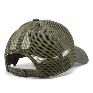 Army green mesh trucker hat with breathable nylon mesh and adjustable snapback closure