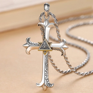 Silver cross necklace with golden Eye of Providence pendant and twisted rope chain