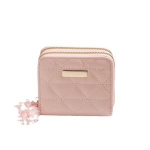 Pink quilted faux leather short wallet for women featuring double zippers and a tassel