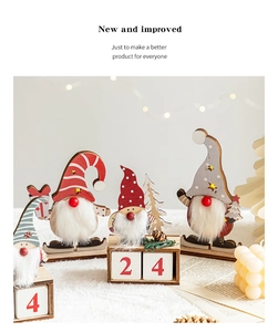 Close-up of wooden Christmas gnome countdown calendar with adjustable date blocks