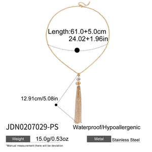 Detail of 18K gold stainless steel layered tassel pendant necklace showing dimensions