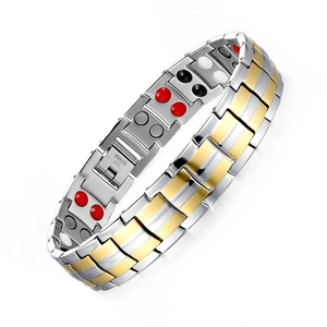 Silver and gold magnetic energy stainless steel link bracelet for men on white background