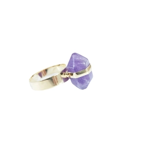 Elegant gold-plated ring featuring a hexagonal natural purple amethyst crystal stone