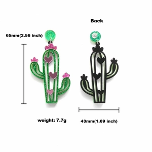 Bohemian cactus drop earrings with green glitter acrylic and pink flower details