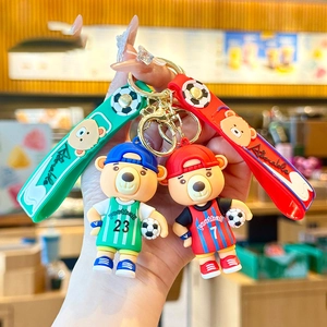 Cute Soccer Bear Keychain 3D Silicone PVC Football Mascot Keyring For Bag Charm Car Key Accessory Sporty Cartoon Gift