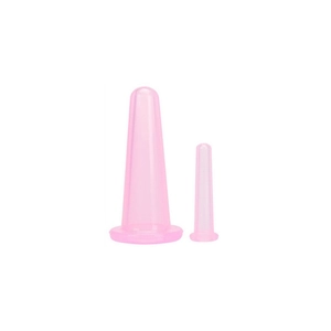 Detail view of two pink silicone facial cupping massage cups in large and small sizes