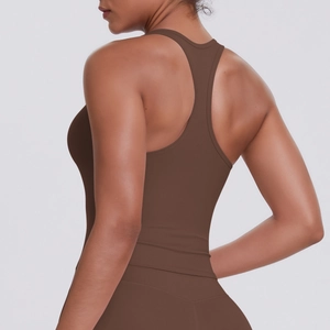 Detail view of racerback design on a dark brown slim fit athletic yoga tank top