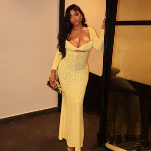 Robe Maxi À Manches Longues Sexy Col En V Dentelle Florale Crochet Sirène Moulante Soirée Pour Femmes