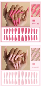 Comparison view of long matte coffin fake nails in two shades of pink with model display