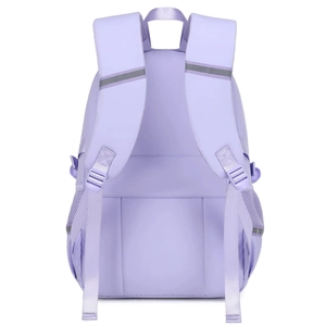 Detail view of purple student backpack with reflective safety strips and padded straps