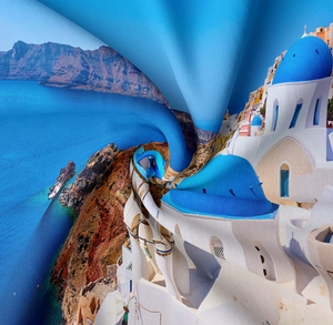 Macro detail of Santorini digital print on premium high-density tapestry fabric texture