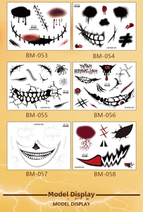 Macro view of six Halloween temporary tattoo designs including scars and spider patterns