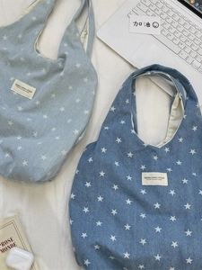 Damen Denim Tote Bag Sternenmuster Große Kapazität Schulter Handtasche Lässig Pendler Süßer Stil Jean Stoff