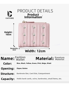 Detailed view of pink quilted wallet with floral embroidery and 12x10x2cm dimensions