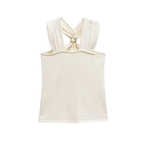 Detail of white knit camisole featuring back twist knot and metal ring hardware