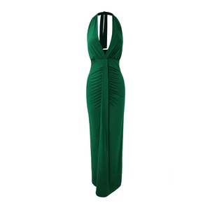 Detail of ruched texture and V-neckline on a dark green halter maxi evening dress