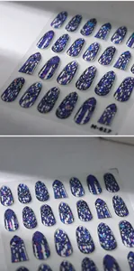Detailed holographic gothic stained glass nail stickers in deep purple and royal blue M-617