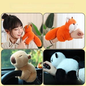 Detail of plush animal slap bracelets including fox, capybara and panda designs