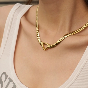 Chunky 14K gold plated flat Cuban link necklace featuring a bold heart pendant on a model