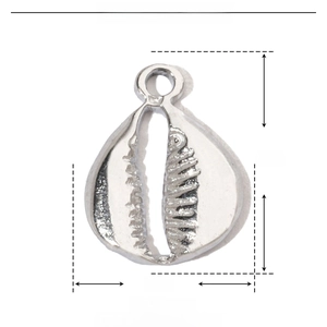 Detailed size specifications for a small shell pendant in polished stainless steel