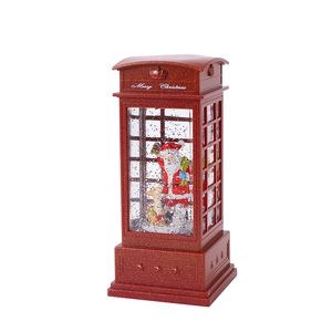 Red Santa telephone booth water lantern with swirling glitter and Christmas decor