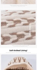 Close-up of winter knit hat featuring beige checkered pattern and soft thermal lining