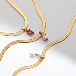 18K gold plated snake chain necklace with colorful square zircon pendants in pink and blue