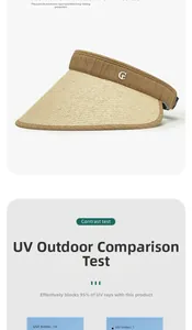 Detail of raffia sun visor showing UV protection test and metal G logo detail
