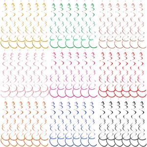 Colorful 3D spiral party streamers in gold green red and blue for festive hanging decor