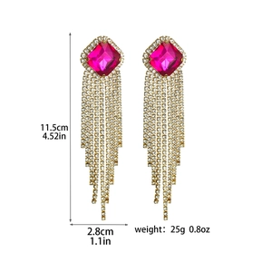 Detail view of pink gemstone tassel earrings with gold rhinestone fringe and dimensions