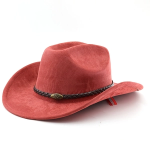 Detail view of suede cowboy hat with brown braided band and bronze bull emblem decoration