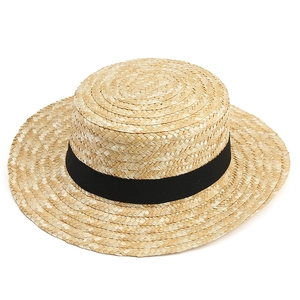 Classic summer flat top straw boater hat with black ribbon for sun protection