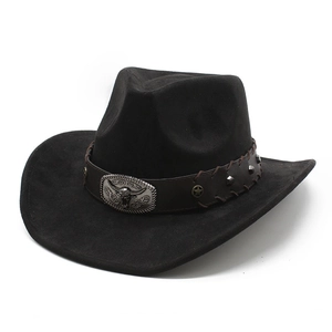 Classic black suede western cowboy hat with vintage cattle head metal badge and star studs