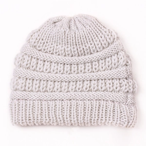 Winter knitted warm baby hat in light grey soft yarn for boys and girls kids