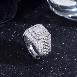 Hip hop square ring with micro-pave full cubic zirconia crystals in silver finish