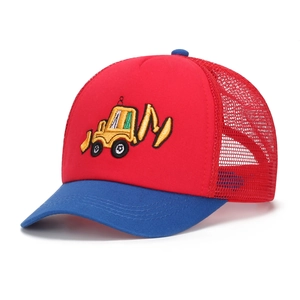 Close-up of kids trucker hat with yellow excavator embroidery and breathable mesh